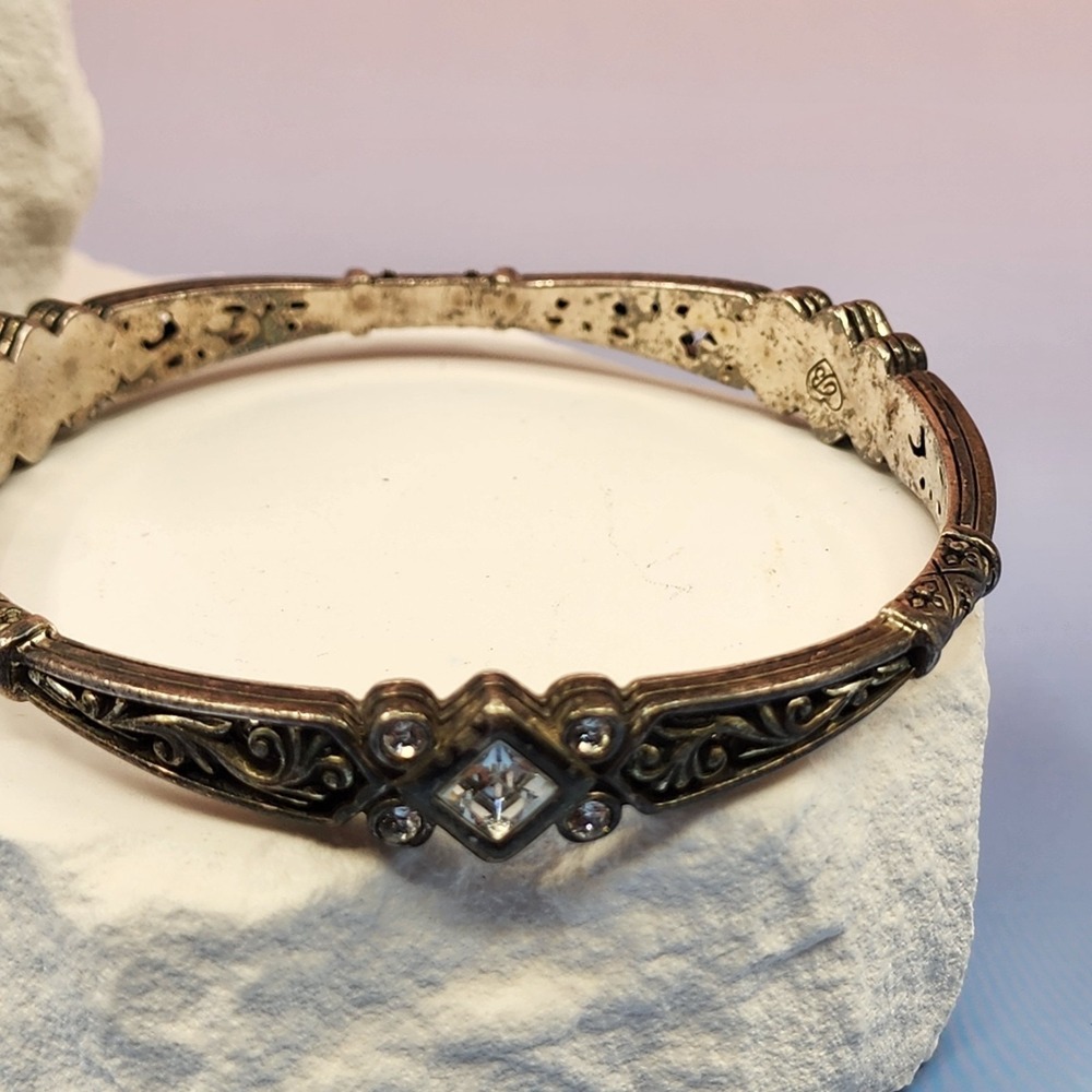 Brighton Silver Tone Crystal Filigree Bangle Bracelet Vintage Boho Statement